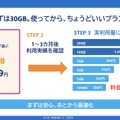 まず30GBを選び、利用実績に合わせて容量を変更する流れ©H.I.S. Mobile