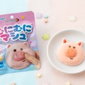 「むにむにマシュ」のパッケージと豚の顔をかたどったマシュマロ