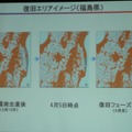 復旧エリアイメージ（福島県）。オレンジ部が通話可能。灰色部が通話不可。原発制限地域以外は復旧する予定