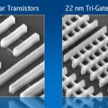 32nmプロセスの平面トランジスタ（左）と、22nmプロセスの3次元トランジスタの比較