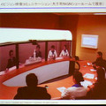 NGNショールームでのハイビジョンテレビ会議の例。ラウンドテーブルを摸したシステム。かなり自然で違和感がなくストレスフリーな会議が可能