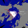 しずくが捉えた北極域の2012年8月24日の海氷密接度分布（赤い線が観測史上最小だった2007年）