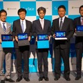 発表会場には販売のパートナー、ビックカメラグループの宮嶋宏幸社長、ヤマダ電機の取締役兼執行役員常務佐俣信一氏、ヨドバシカメラ副社長の藤沢和則氏が参加した。