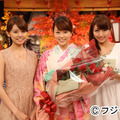 番組を卒業する本田朋子アナ（中央）と後任の宮澤智アナ（左）、三田友梨佳アナ