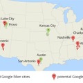 Google Fiberの普及。緑のピンが提供中の都市圏、赤のピンが今回、導入検討を開始した都市圏を示す
