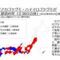 セアカゴケグモ・ハイイロゴケグモが確認された都道府県（2014年8月29日現在）