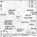 御嶽山近辺には複数の観測点があるが、望遠監視カメラはさほど多くない（画像は気象庁公開の観測点配置図）。