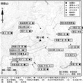 御嶽山近辺には複数の観測点があるが、望遠監視カメラはさほど多くない（画像は気象庁公開の観測点配置図）。