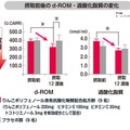 りんごポリフェノール含有抗酸化物質配合食品摂取群では、体内の酸化状態を示す指標であるd-ROMと過酸化脂質が、試験前に比べて有意に低下（p＜0.05）