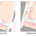 実際に歩いた経路（青線）と地磁気測位で把握した導線（緑線）