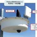 「マルチカメラ監視mini-3G」の親機外観。直径30cmに「FalconWAVE」、アンテナ、カメラを一体化。カメラは360°パン・チルト機能搭載、解像度2Mピクセル（画像はプレスリリースより）