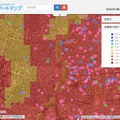 画像は国土地理院の「空中写真 1988～1990年」に「地震時の揺れやすさ」と「地耐力」を合わせて表示したもの（画像は地盤サポートマップのWebより）。