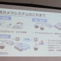 「監視カメラシステムのこれまで」と題された資料。現在は第三世代で、ネットワークカメラを使い、多拠点、大規模な設置を想定したシステムが増えているという（撮影：防犯システム取材班）