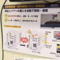 日本電業工作の監視カメラシステムと動体検知ソフトウェア「KEIKAI」を組み合わせたソリューションの説明パネル。警報機や赤色灯との連動も可能（撮影：防犯システム取材班）