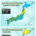 2016年・花粉飛散量予想（平年および前年との比較）