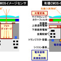 有機CMOSイメージセンサでは光電変換を有機薄膜で、信号電荷の蓄積は下層の回路部で行うので、入射光線範囲の拡大やレンズの設計自由度向上などのメリットがある（画像はプレスリリースより）