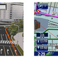 表示画面（左：3D交差点拡大/右：方面看板表示）