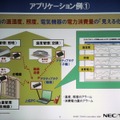 アクティブタグを用いたアプリケーションの例。照明の照度、空調の温度、分電盤の電力消費量を一括して管理するシステム