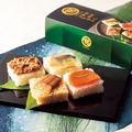 石川県／北陸新幹線 金沢駅【芝寿し】金沢笹寿しプレミアム（4個入）1,080円能登牛しぐれ、天然紅鮭、国産穴子、炙り鯖を天然の香り高い笹に包んだ押し寿し。