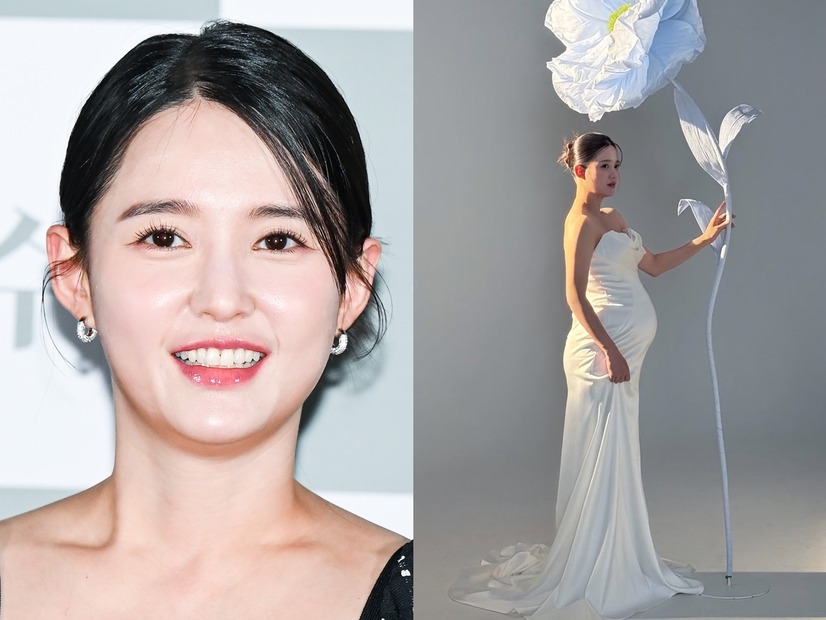 BTS・Vの写真で胎教も話題に…韓国女優、臨月の“Dライン”あらわな純白ドレス姿を公開！
