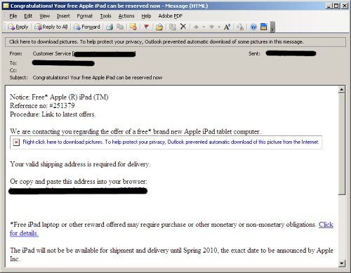 「iPad詐欺メール」の例
