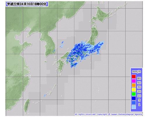 気象庁18時現在の雨雲レーダー