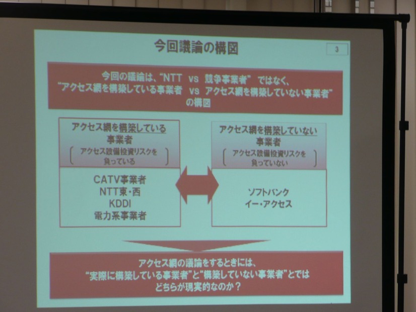 議論の構図。「アクセス網を構築している事業者」vs.「アクセス網を構築していない事業者」