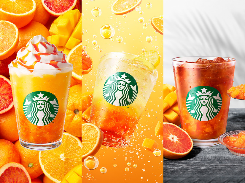 左から）ぎゅぎゅっと オレンジ ＆ マンゴー フラペチーノ®、チラックス ソーダ オレンジ ＆ マンゴー、クラフト ジューシー オレンジ ＆ マンゴー ティー※画像はイメージです
