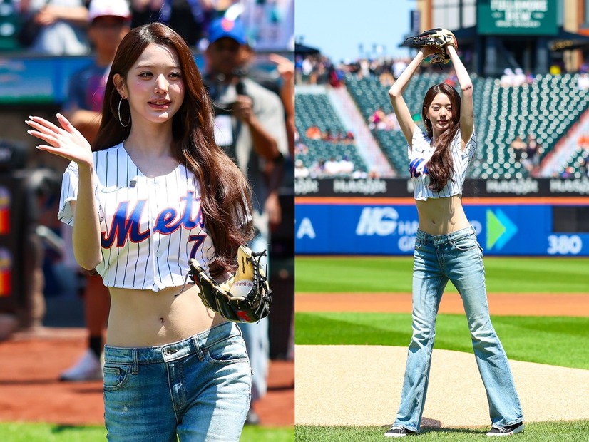 “ヘソ出し”ユニフォームで視線独占！IVE・ウォニョン、MLB始球式に登場　華麗な投球に歓声