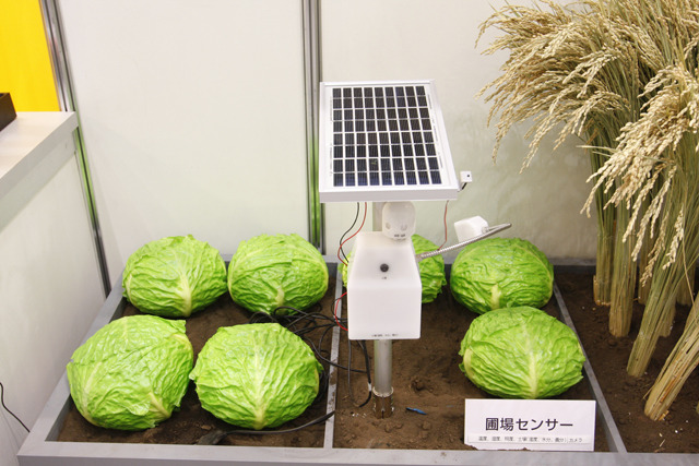 圃場センサー。温度、水分、土壌の状態、ソーラーパネルで必要な電力確保と日照時間の計測を行う