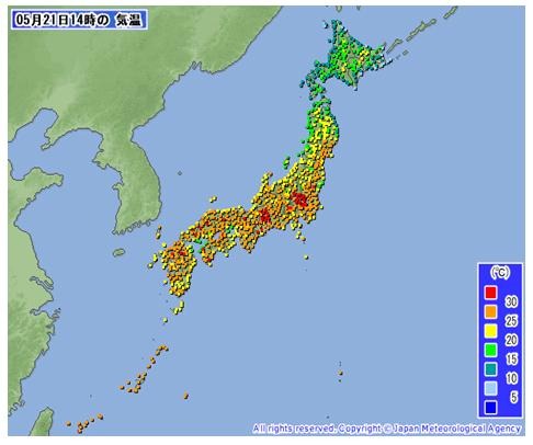 21日14時現在の気温。関東北部や岐阜県付近が30度を超えている