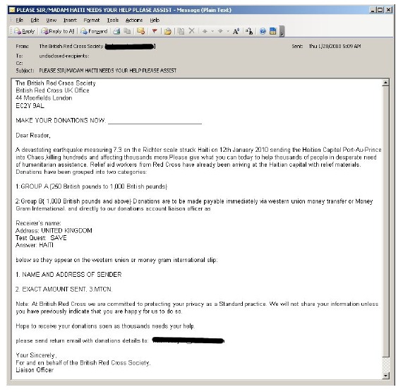 ハイチ大地震発生直後に寄付を呼びかける詐欺メール