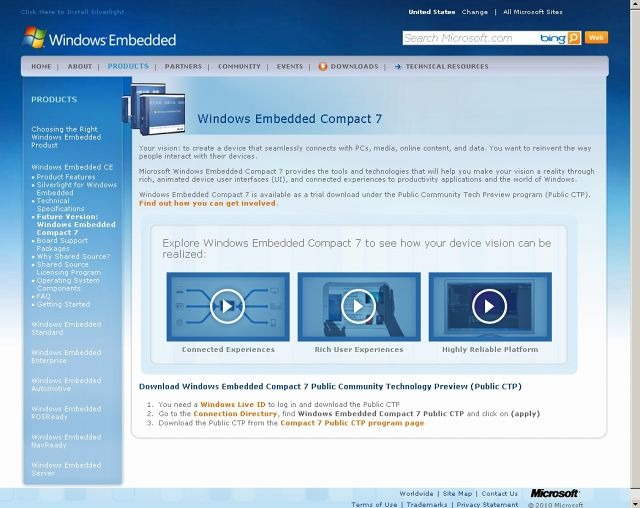 「Windows Embedded Compact 7」サイト