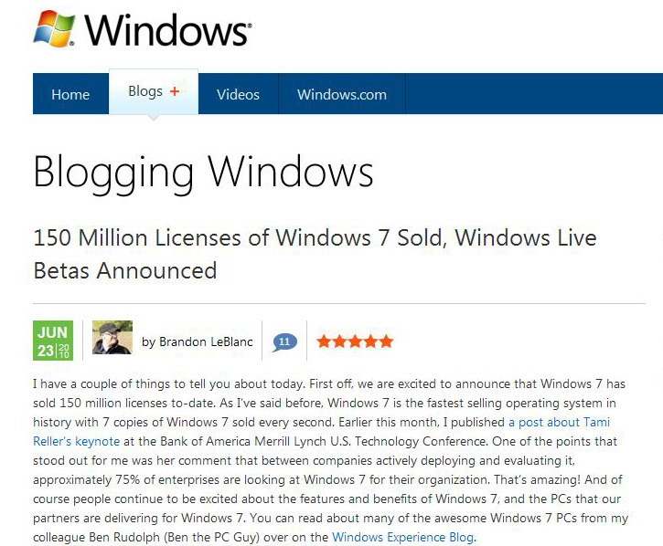 Windows 7のセールスが1億5千万ライセンスを突破
