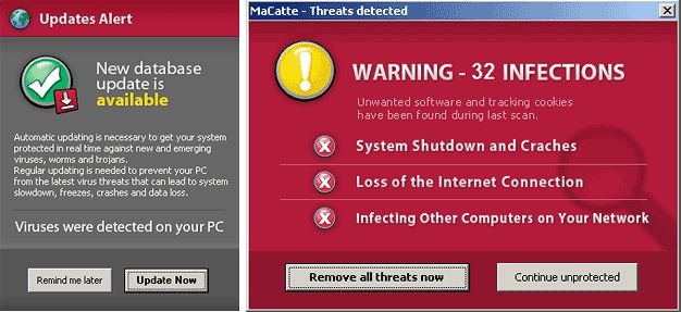 MaCatteの偽のセキュリティアラートと検出画面