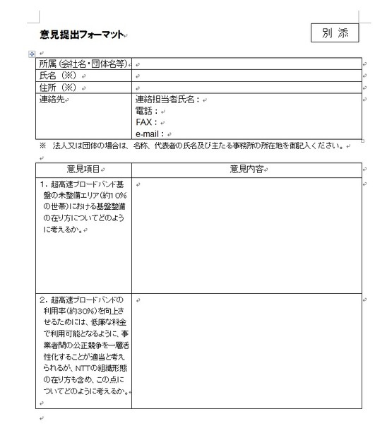 光の道構想、意見提出フォーマット