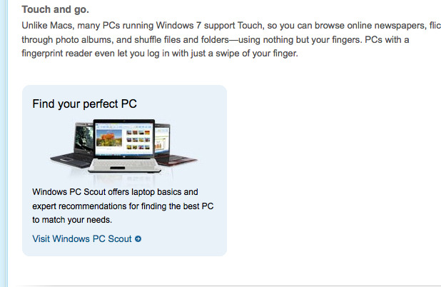 ページ内には「Find your perfect PC」（完璧なPCを見つけてください）といったリンクも