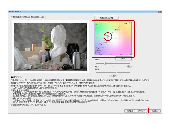 付属のキャリブレーションソフト「EASYCOLOR!3」による色調整のイメージ画面