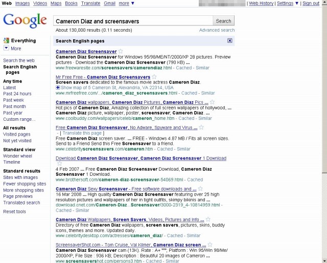 「Cameron Diaz and screensavers」で検索すると13万件がヒット。このうち約2割が危険なサイト