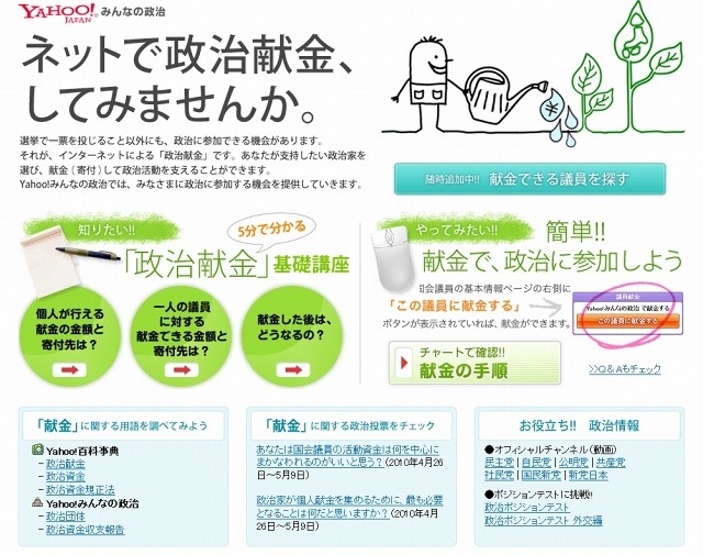 PC版「Yahoo！みんなの政治」（献金呼びかけページ）