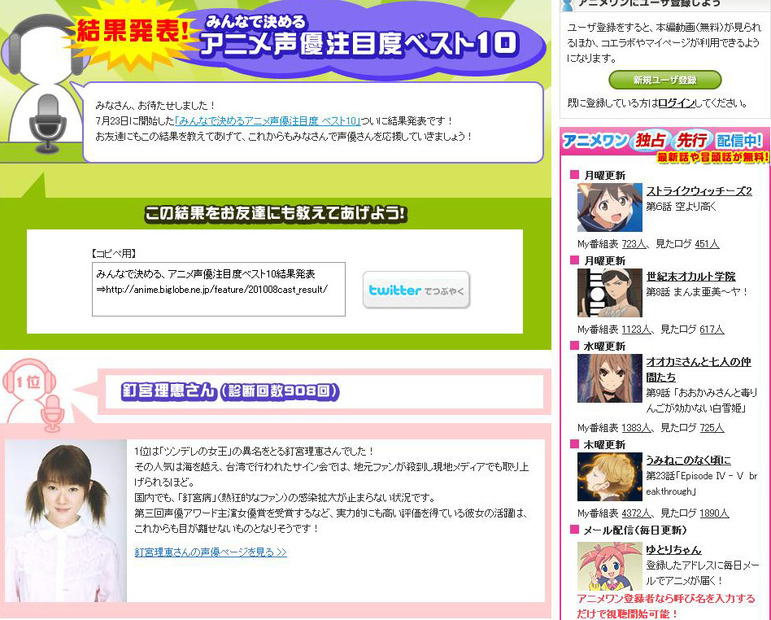 みんなで決める、アニメ声優注目度ベスト10