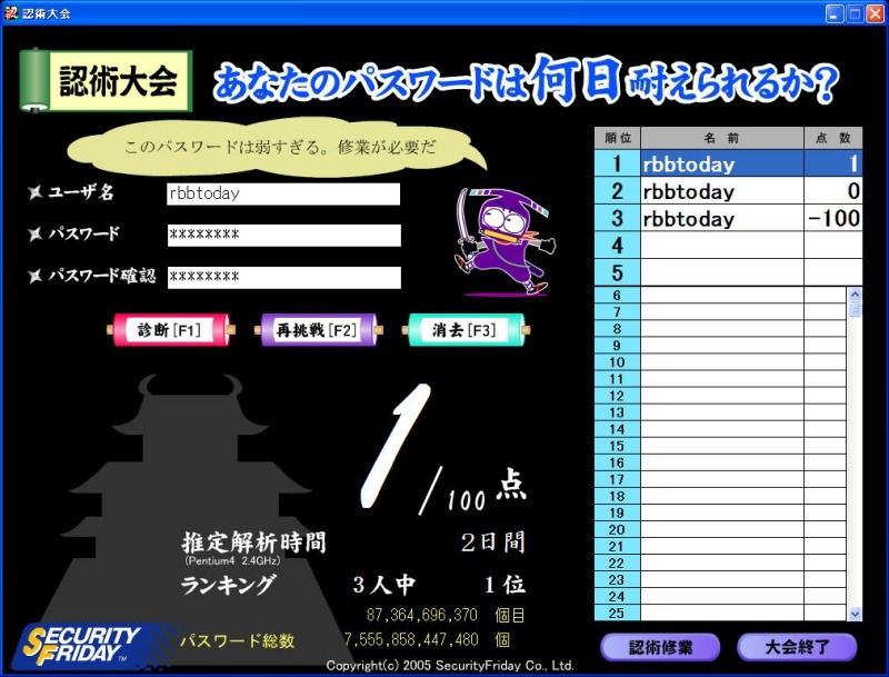 IDとパスワードの強さを競うゲーム「認術大会」画面