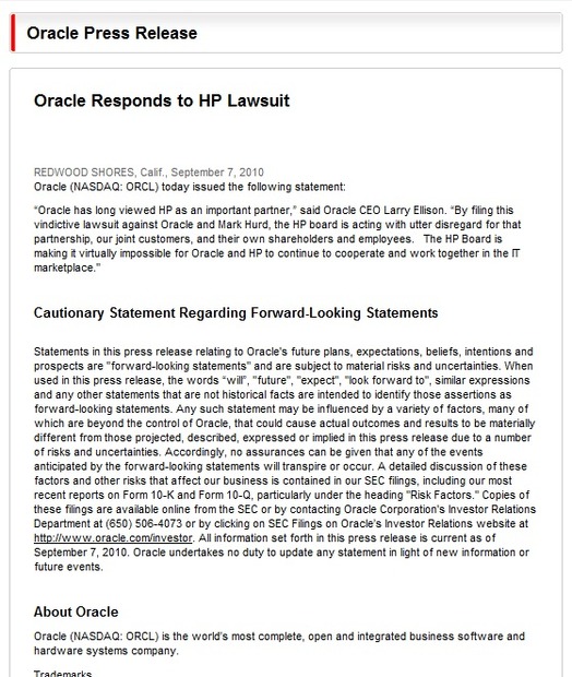 米オラクルは、HPからの提訴に対してすぐさま反論を表明
