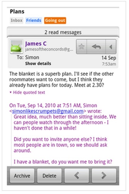 前回のメッセージ内容の表示・非表示を文中の「Show／Hide quoted text」をタップし切り替えられる