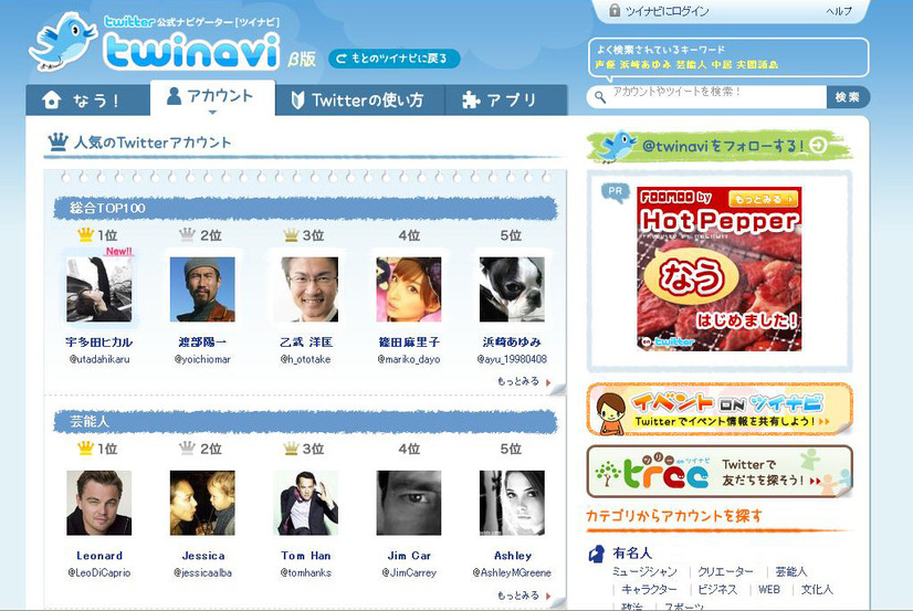「人気のTwitterアカウント総合TOP100」ランキング