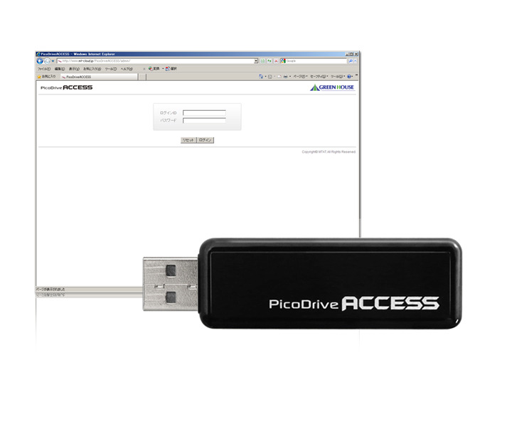 「PicoDrive ACCESS（ピコドライブ・アクセス）」の専用USBキーと利用画面のイメージ