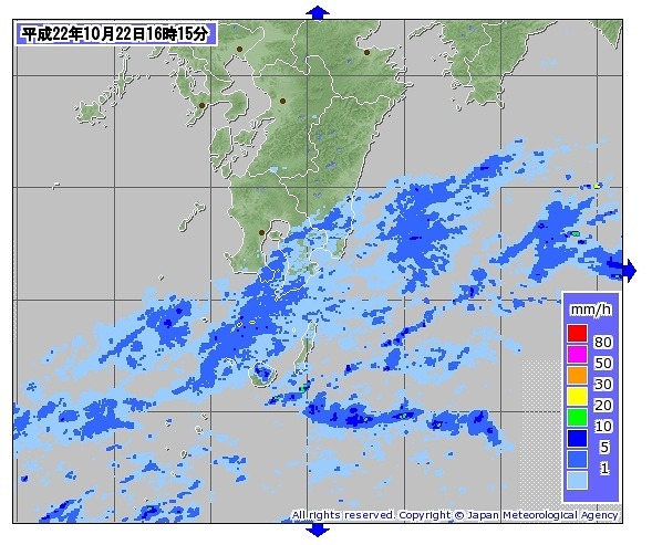 気象庁「レーダー・ナウキャスト(降水・雷・竜巻)」での九州南部の状況