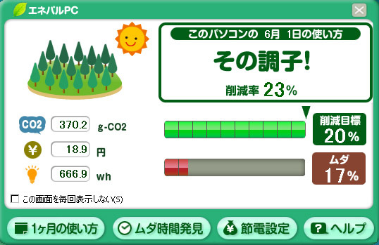 毎日パソコン起動時に表示されるメイン画面。前日の電力使用状況に応じて、3段階のメッセージが表示される