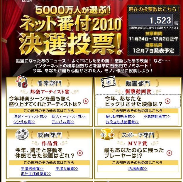 「5000万人が選ぶ！ネット番付2010決選投票！」特設ページ