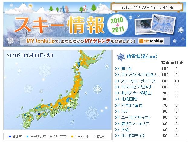 tenki.jp「スキー情報」。オープンしているスキー場もいくつか出てきている